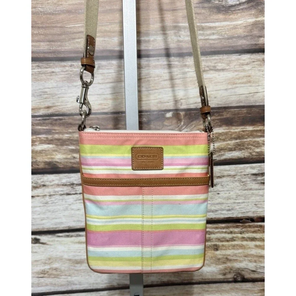 Coach Pastel Striped Crossbody Shoulder Bag Zip Closure Detachable Strap